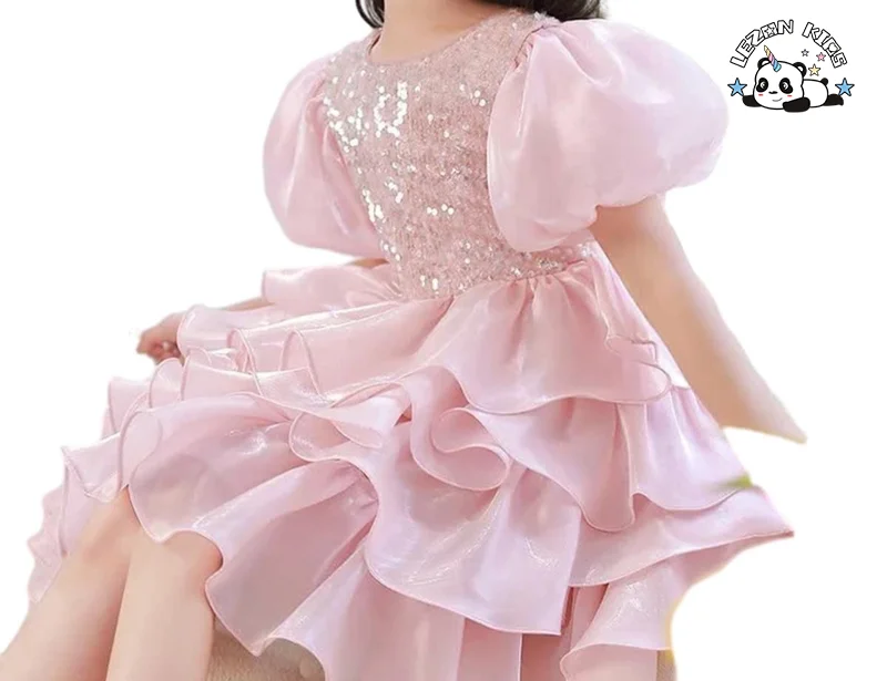 LEZONKIDS - 2023 New Girls Sequined Puff Sleeve Layers Lily Satin Tutu Dresses Cute Princess Dress for Girls